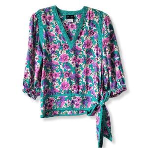 Women 80s Diane Freis Silk Pink Teal Blue Floral Blouse M L Colorful Retro Artsy